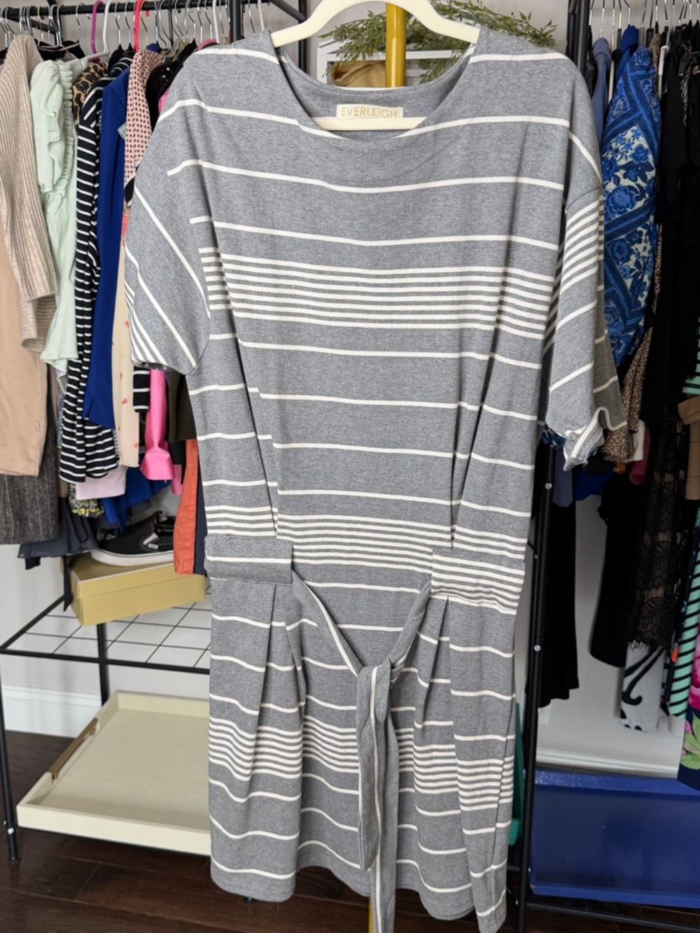 everleigh Gray & White Striped Tie-Waist Midi Dress